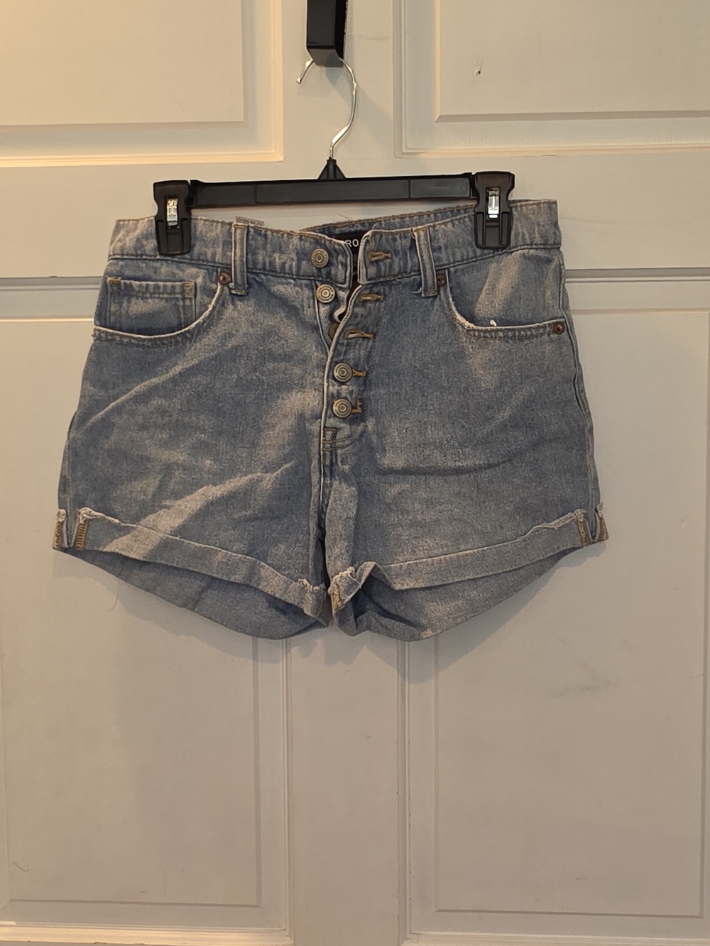 High-Rise Light Blue Button-Fly Denim Shorts